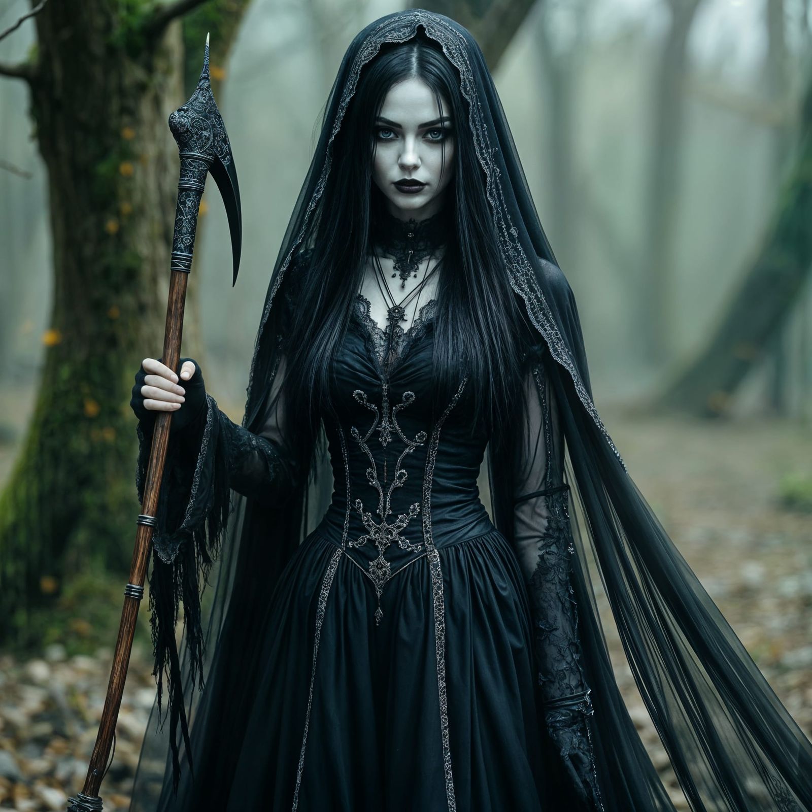 Gothic Woman with Scythe in Black Lace Dress