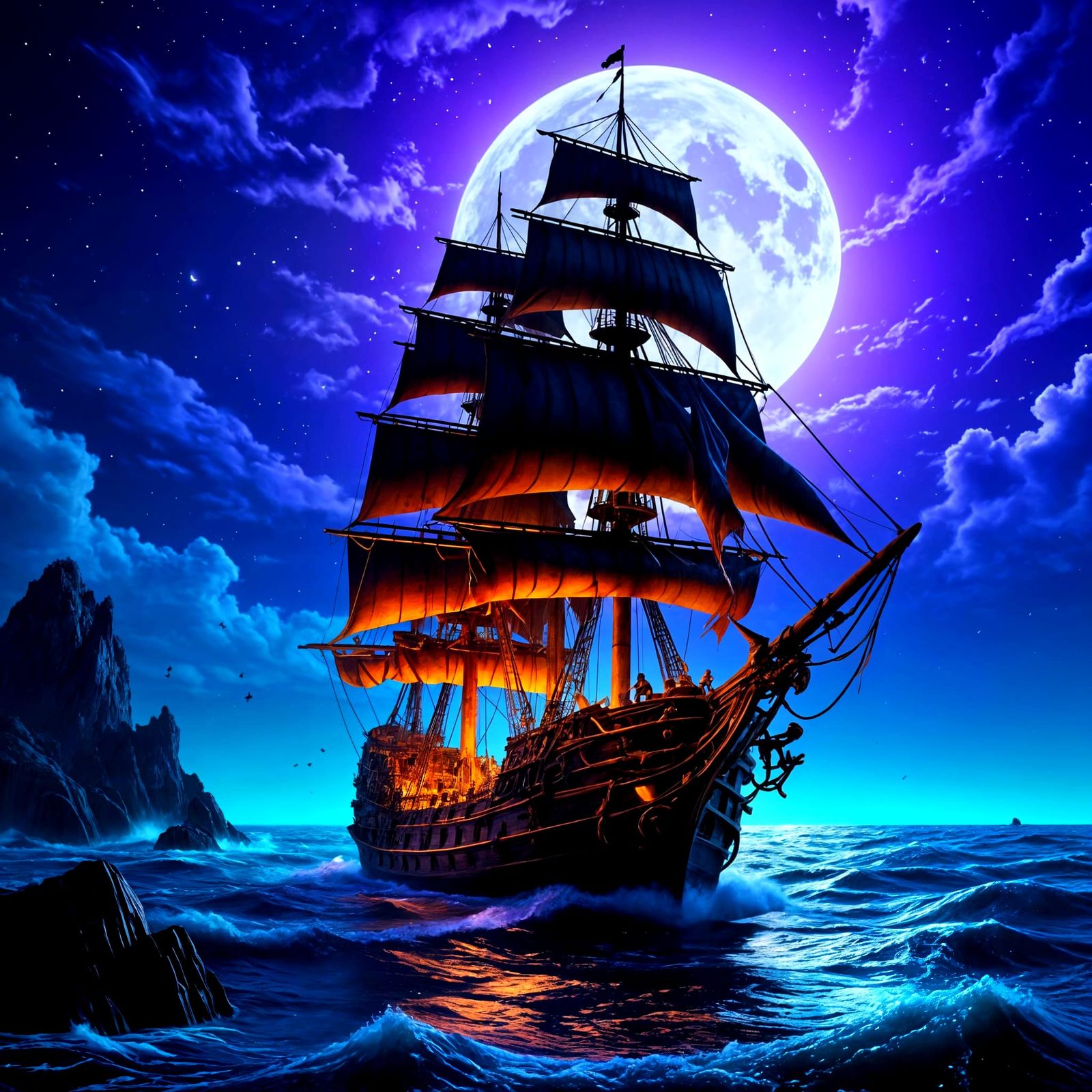 Gothic Pirate Ship on Stormy Seas by Moonlight