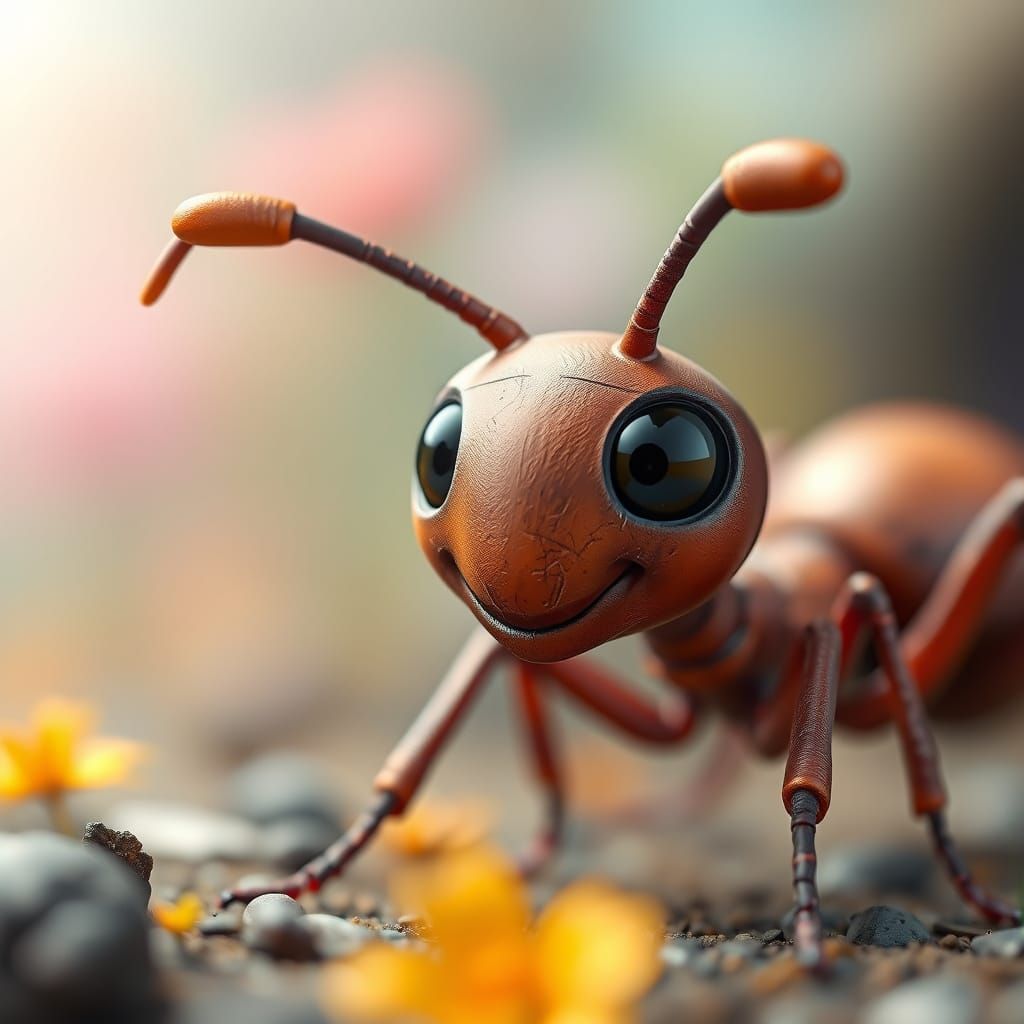 Whimsical 3D Ant Character in Surreal Dreamscape