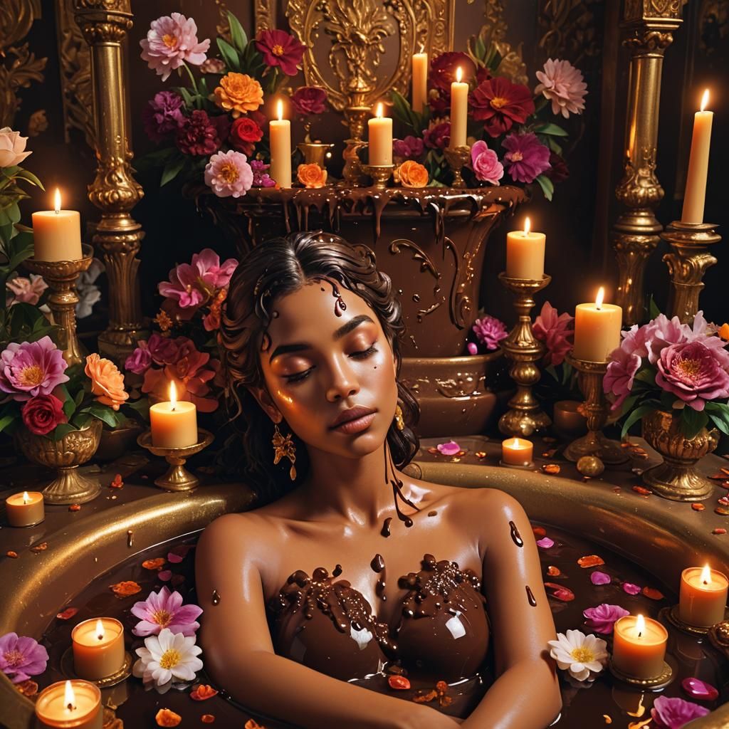 Girl in Chocolate Bath, Hyperrealistic Digital Art