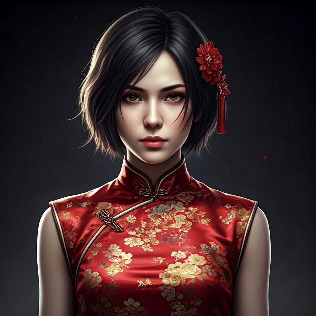 Ada Wong in Red Cheongsam: Detailed Digital Portrait