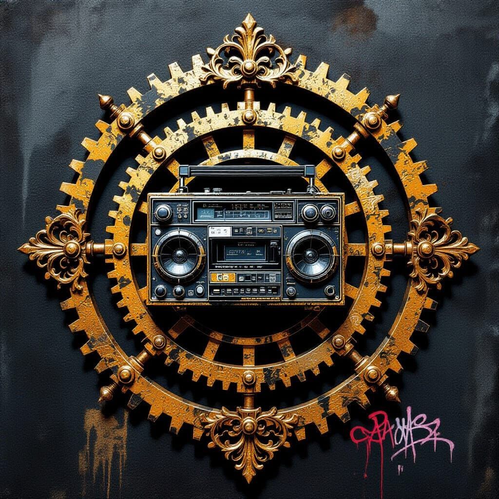 Victorian Gears & Boombox Emblem in Grunge Oil Style
