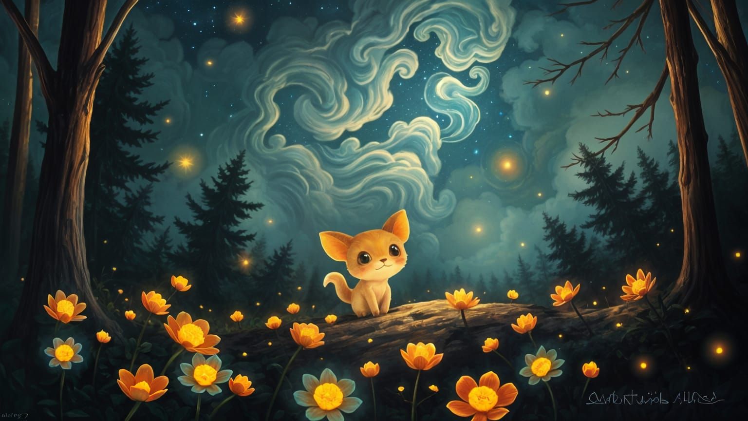 Glowing Creature in Enchanted Forest Oil Painting