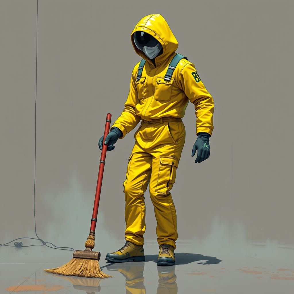 Person Sweeping in Futuristic Hyper-Realistic Style