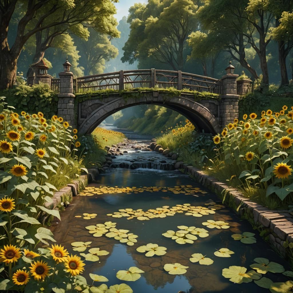 Sunflowers Line Old Bridge in Detailed Matte Painting