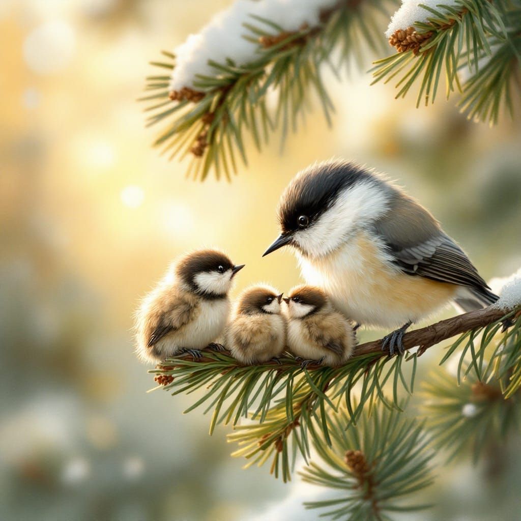 Chickadee Family in Pine Tree: Whimsical Art