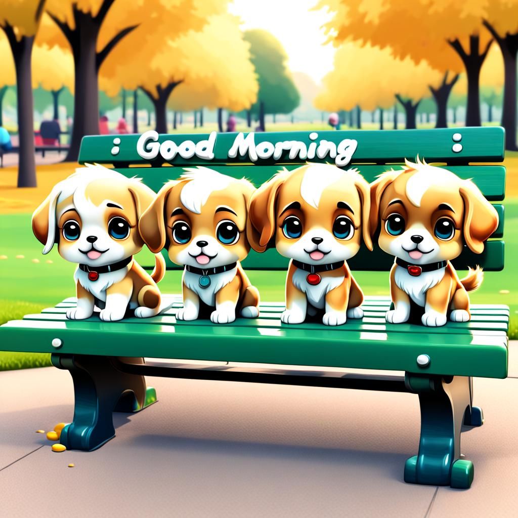 A 3D hyper-realistic cartoon chibi puppies sitting on  a bench  with "Good Morning" written on it