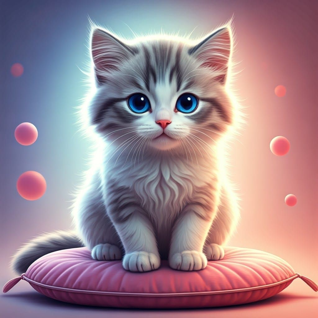 Whimsical Big-Eyed Kitten in Vibrant Pink World