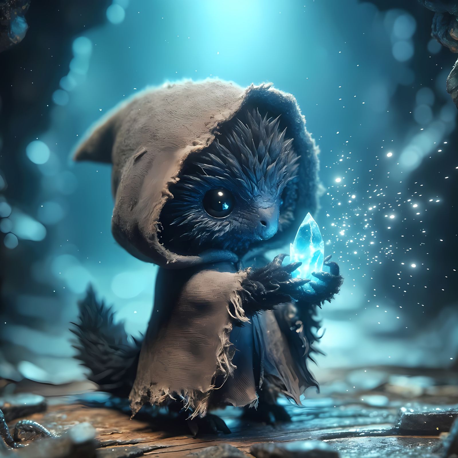 Black Dragon Merchant with Blue Crystal in Snowy Cave