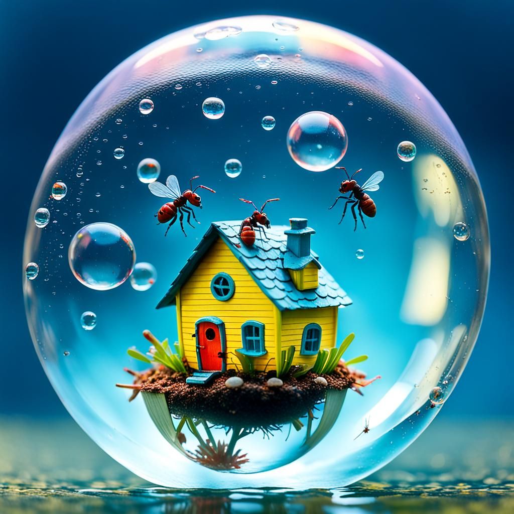 Ant Builds Home Inside Water Bubble Microphotograph