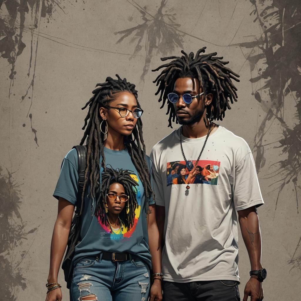 Fashionable Couple in Japanese Sketch Style, Colorful