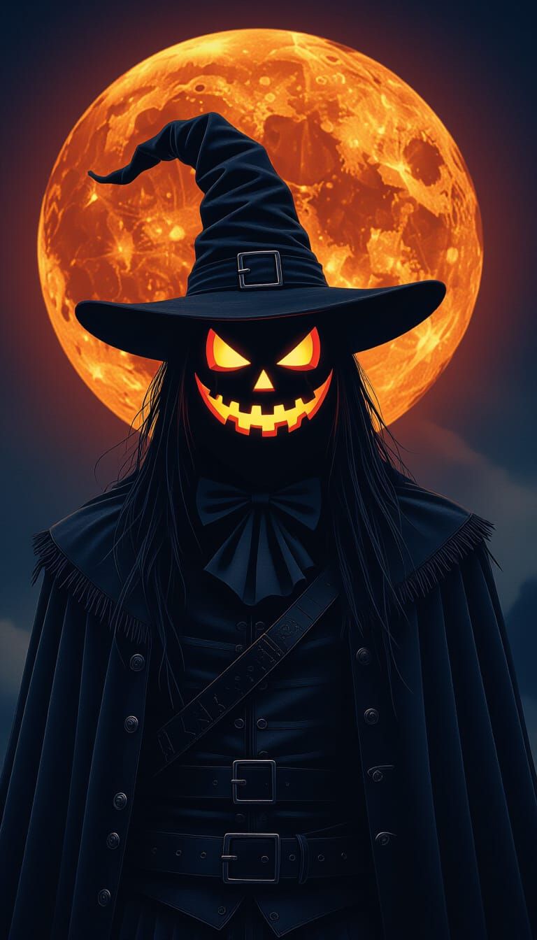 Headless Horseman with Flaming Jack-o-Lantern Head and Blood...