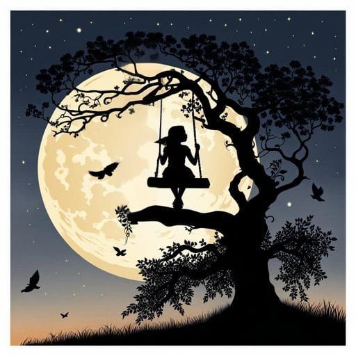 Girl on Swing Silhouetted Against Full Moon