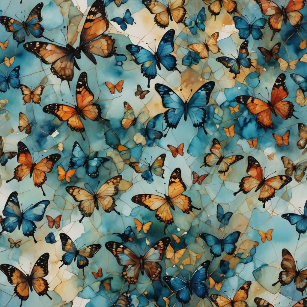 Butterflies in Sky: Alcohol Ink Cubist Art