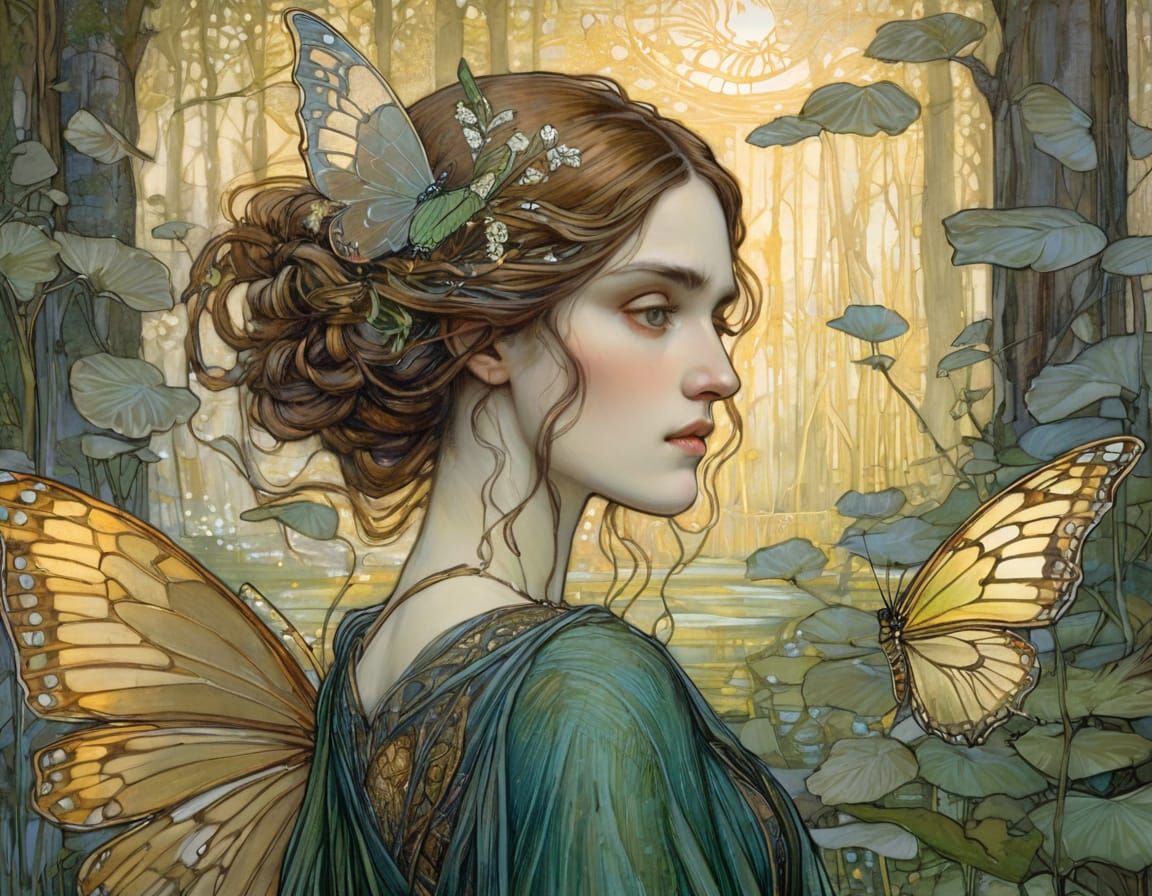 Fairy Queen with Butterfly Wings in Pre-Raphaelite Style