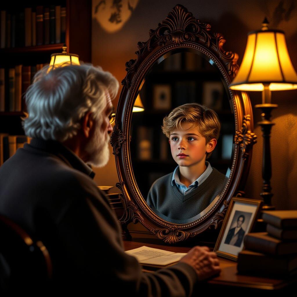Man Sees Youthful Reflection in Antique Mirror