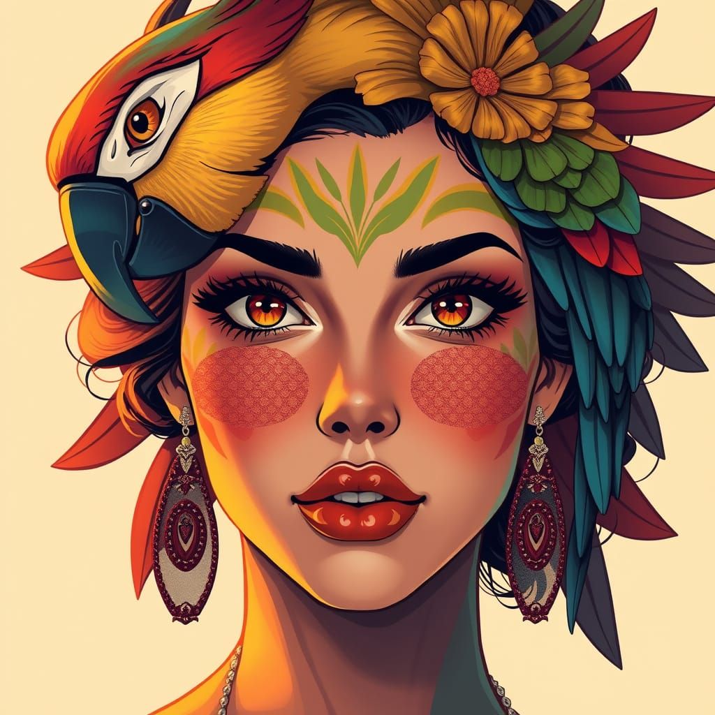 Whimsical Anime Woman with Parrot-Inspired Designs
