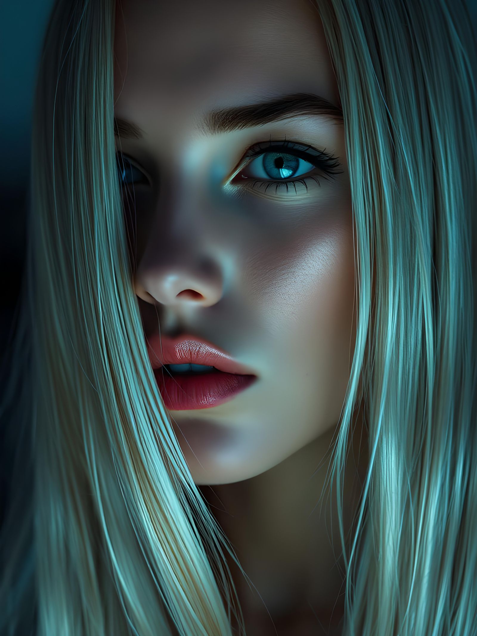 Serene Gaze in Soft Blue Light