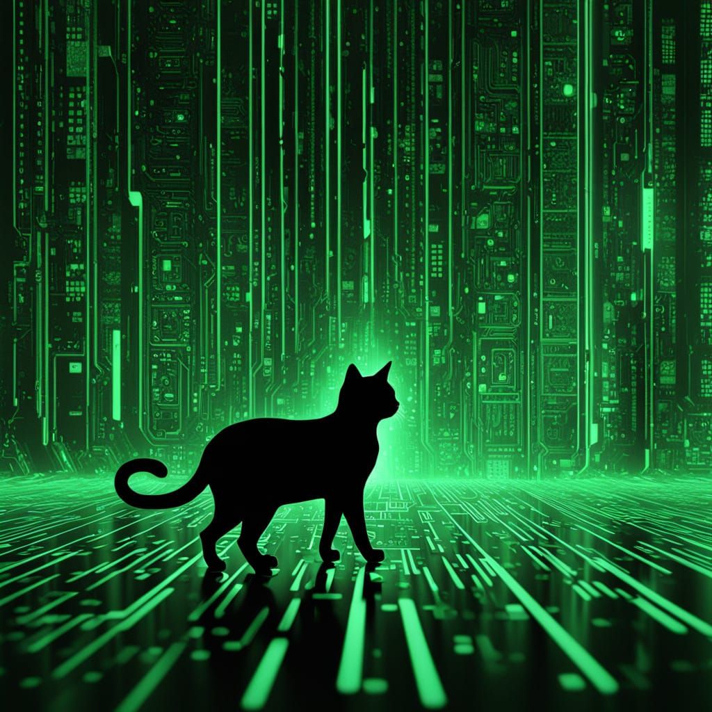Digital Cat of Binary Code in Tron Style