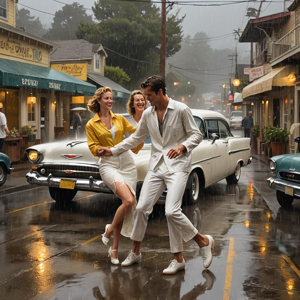 Romantic Dance Amidst Vintage Cars in Carmel's Rainy Night