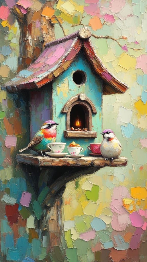 Pastel Birdhouse Cafe in Impasto Impressionist Style