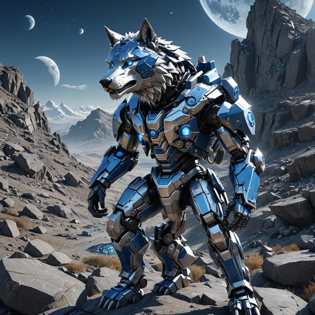 Futuristic Mecha Wolf on Rocky Hill: Sci-Fi Art