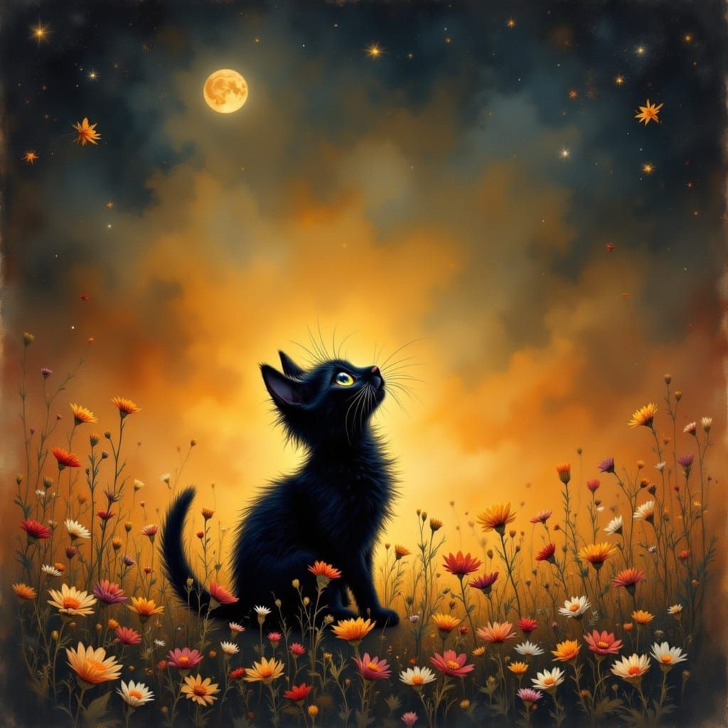 Sweet Kitten Gazes at Moonlit Sky