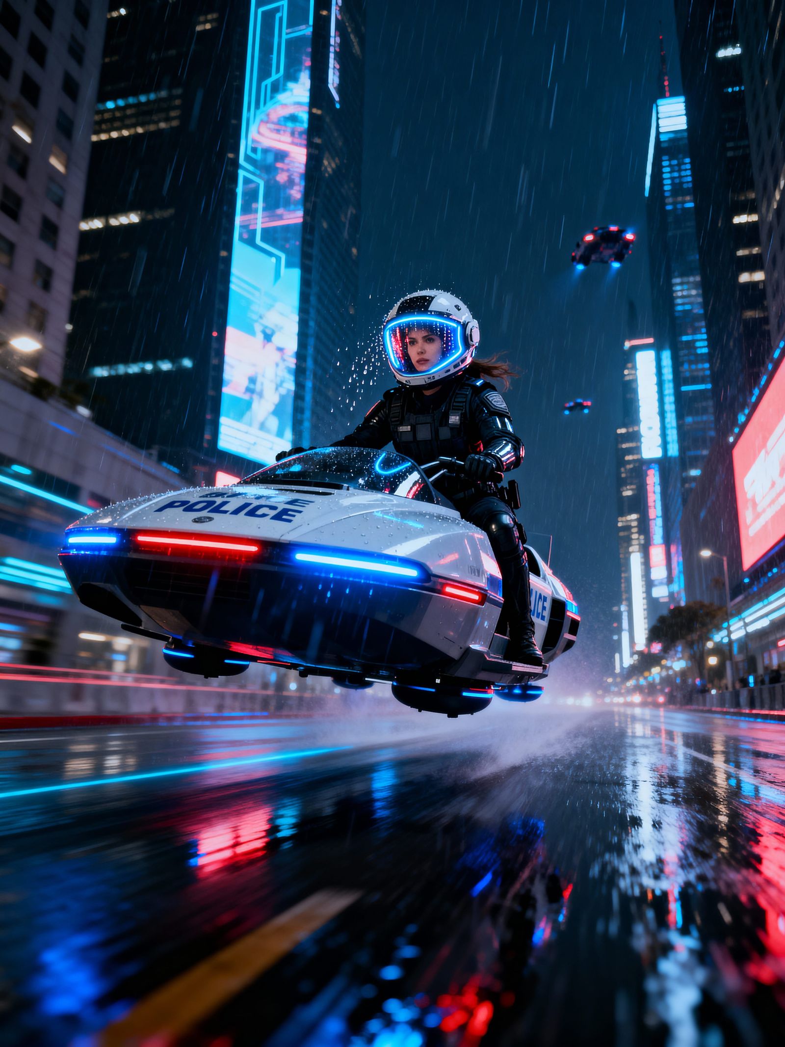 Futuristic Police Car in Rainy 2049 Los Angeles