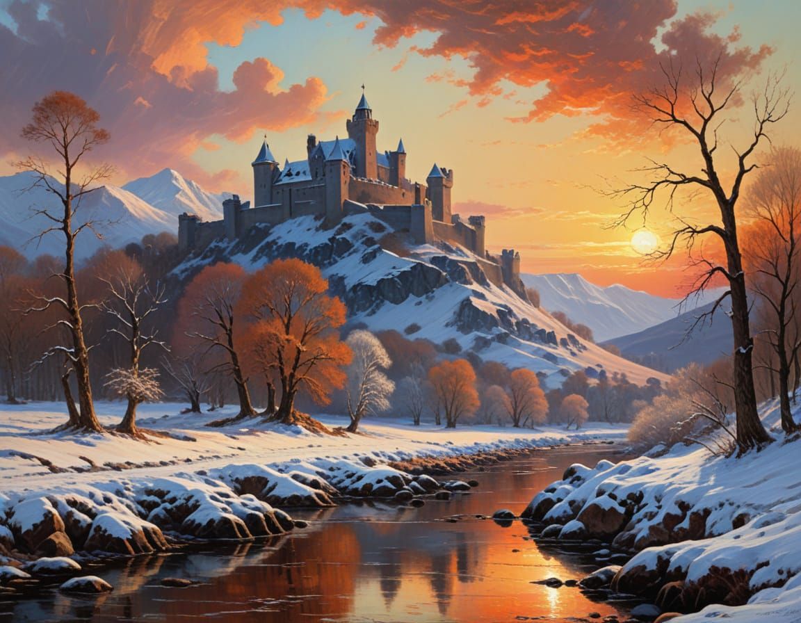 Medieval Castle Winter Scene in Impressionist Style