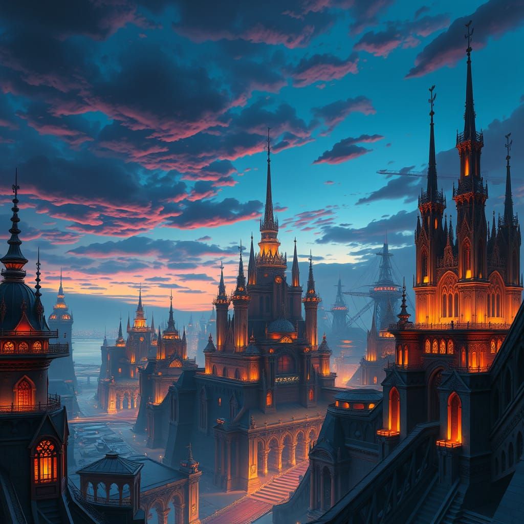 Fantastical Titanic Cityscape at Dusk