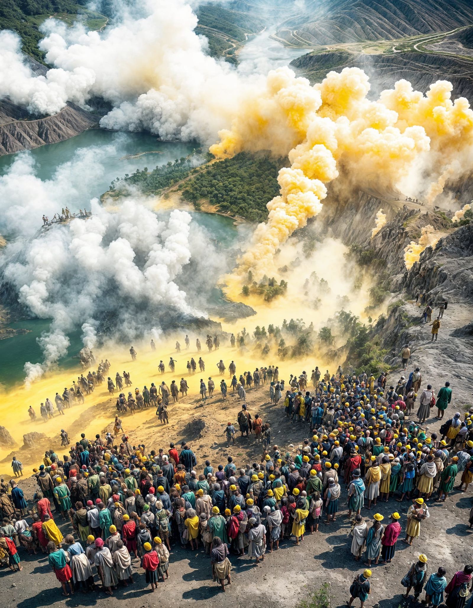 Hyperrealistic Bird's-Eye View of Sulfur Volcano Landscape