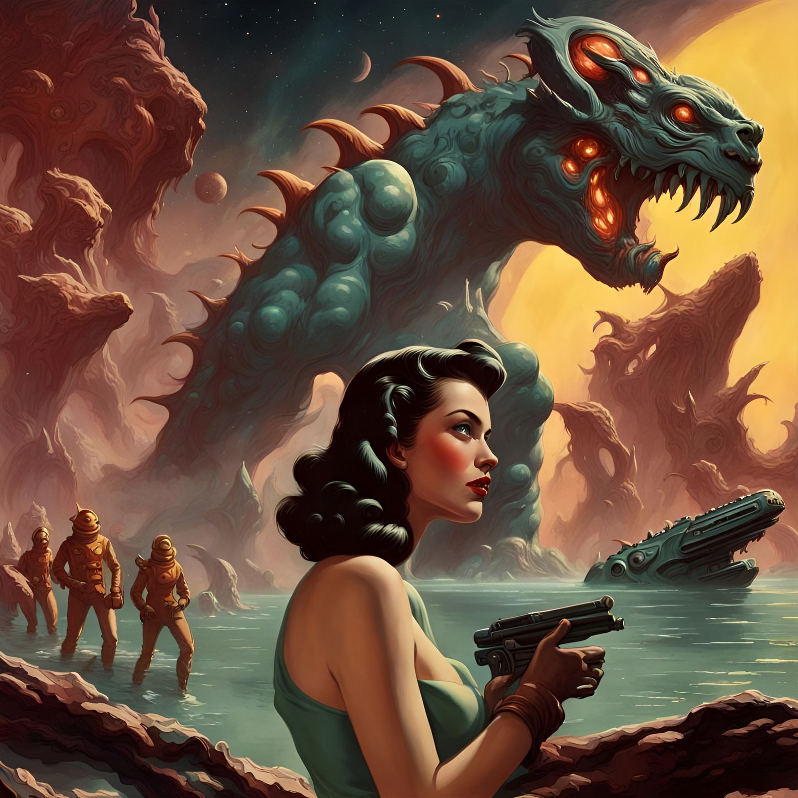 Pulp Fanzine Art: Space Monsters and Heroic Woman