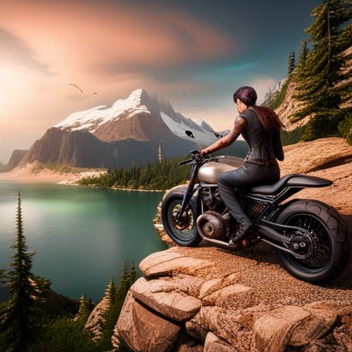 Motorbike Cliffside Ride in Detailed Matte Painting