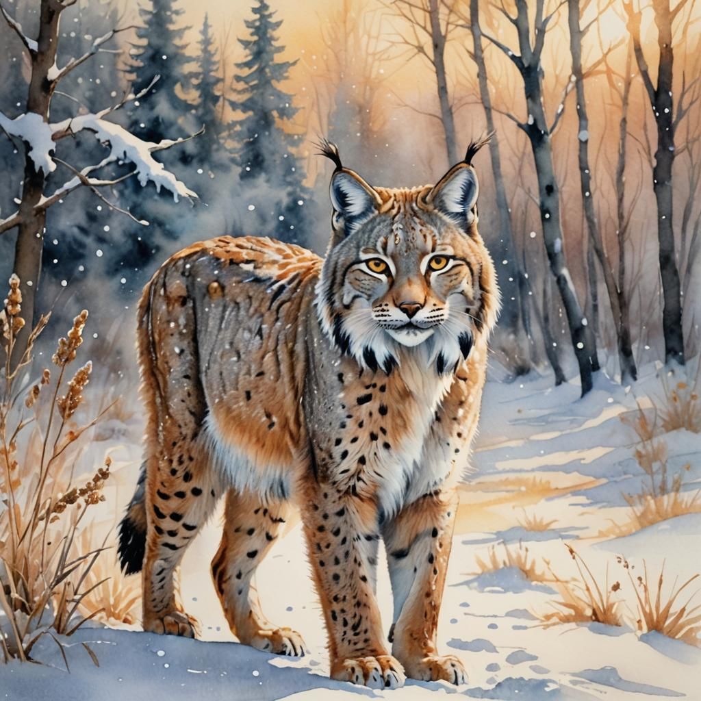Lynx in Snow: A Watercolor Animal Portrait