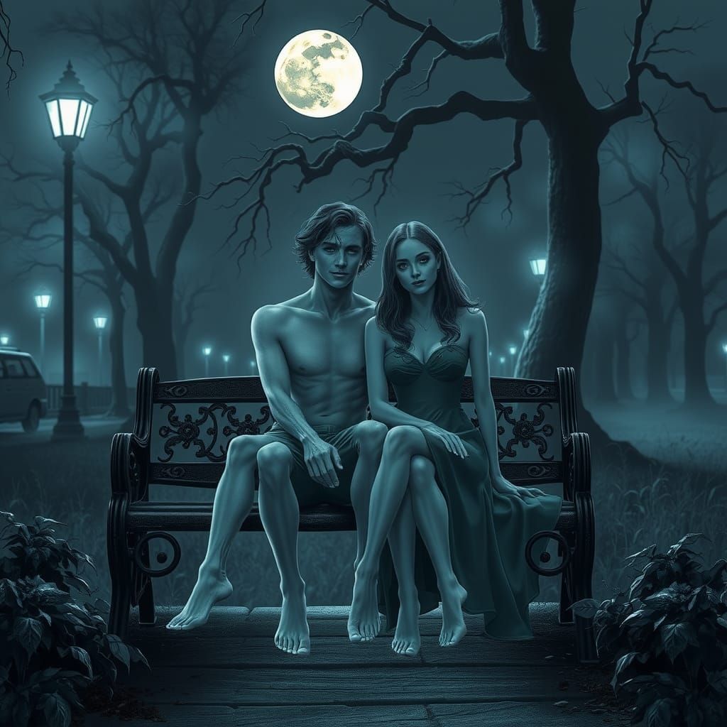 Ghostly Lovers in Moonlit Park, Vaporwave Art