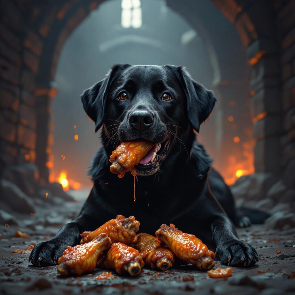 Black Labrador Enjoys Crispy Chicken Wings in Moody Dungeon