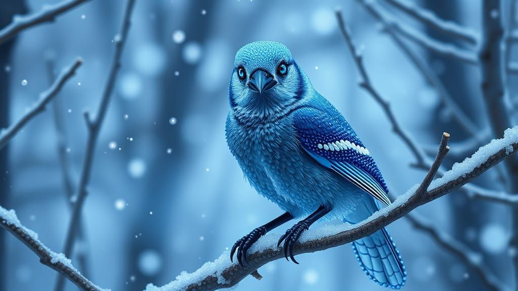 Mystical Blue Jay in Forest Blizzard, Shimmering Art