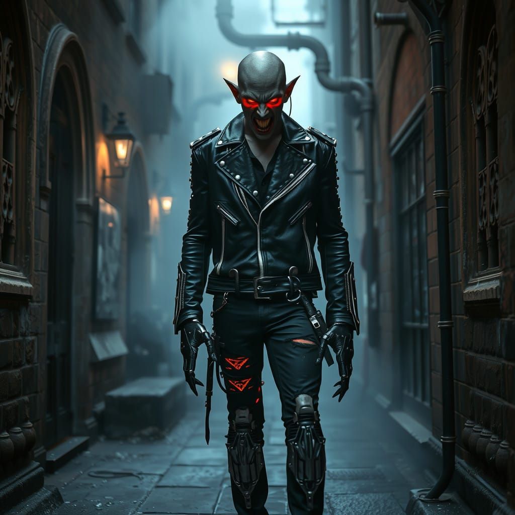 Cyberpunk Vampire Emerges from Dark London Alleyway