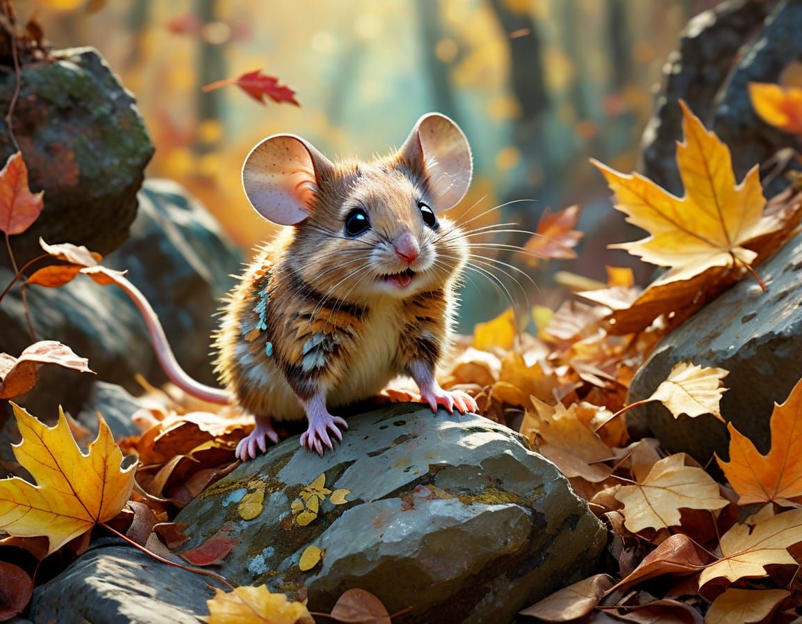 Chibi Mouse Diving into Autumn Leaves in Leroy Neiman Style