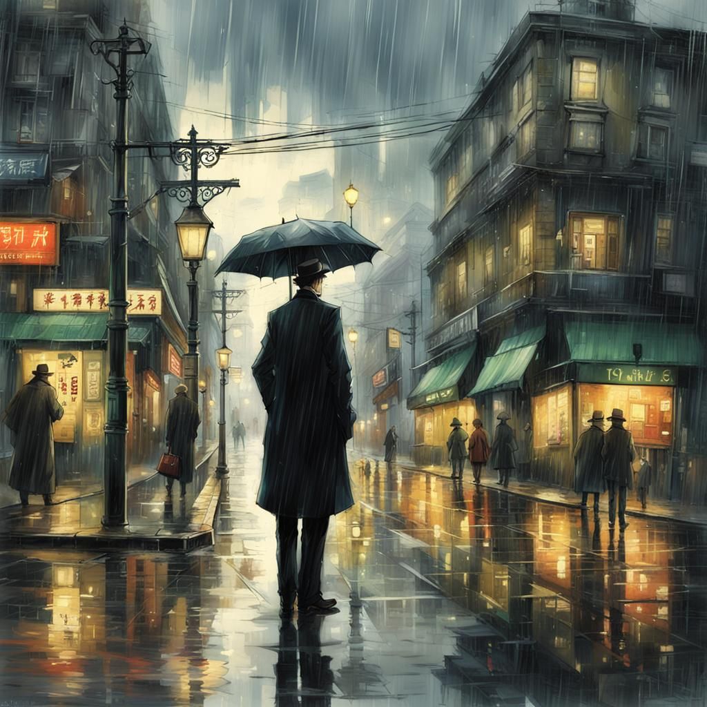 Eliot Contemplates Fate in a Rainy Cityscape