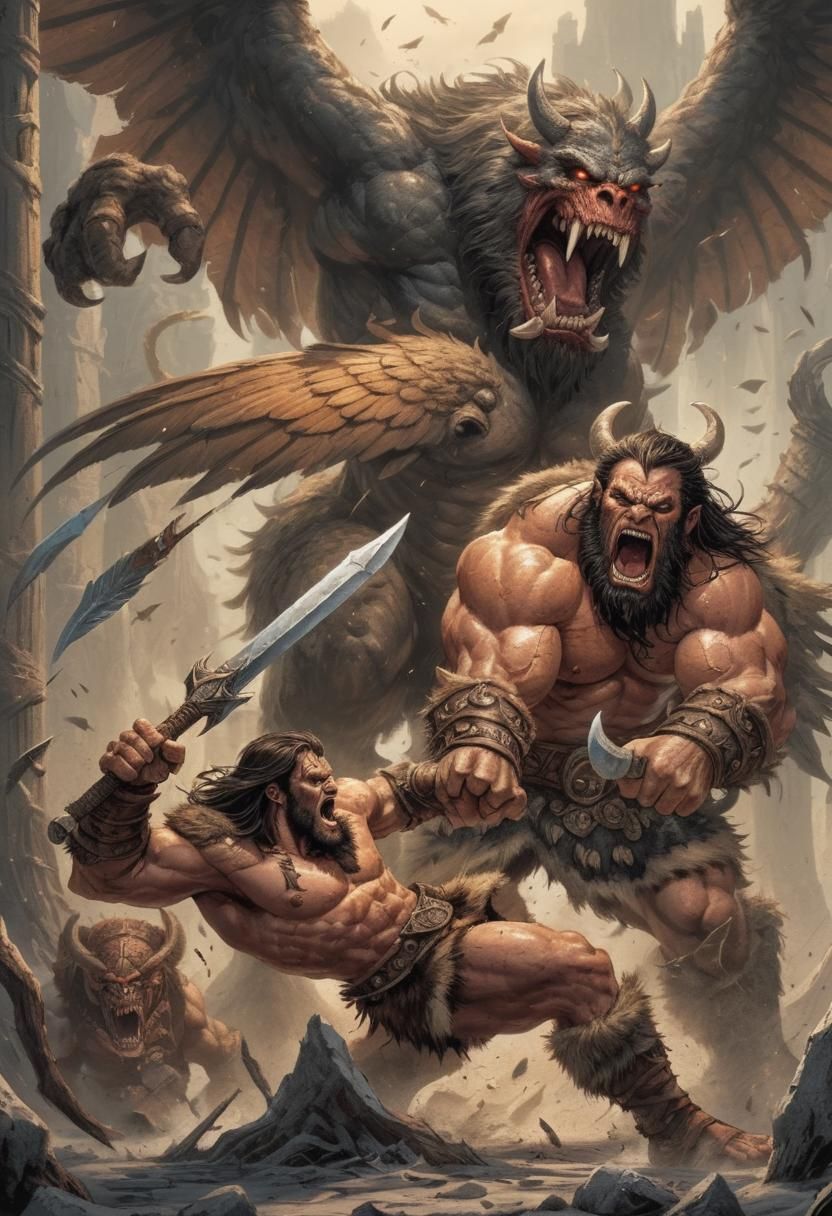 Barbarian Warrior in Epic Battle with Winged Monster