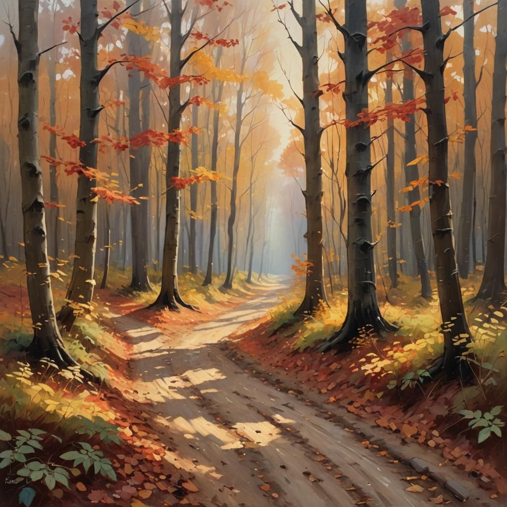 Idyllic Autumn Forest Landscape Oil Painting