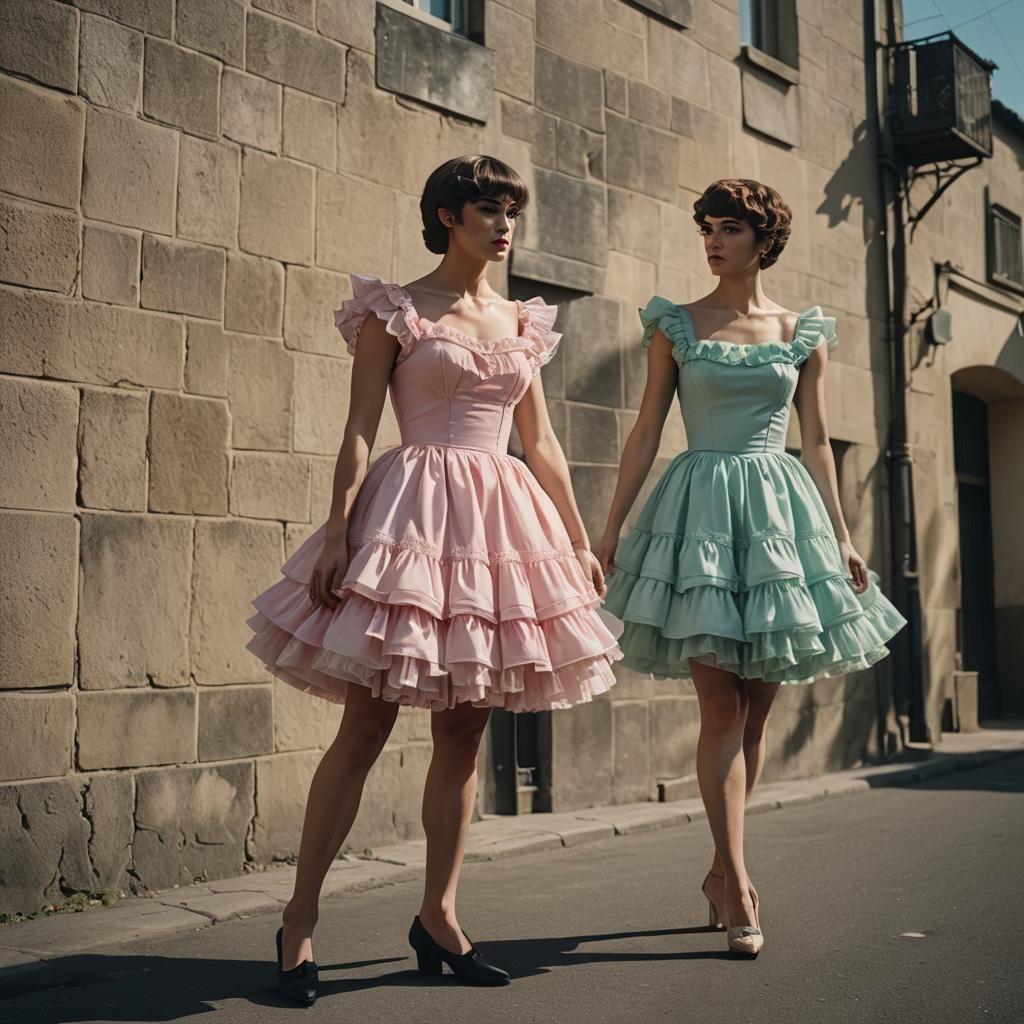 Masculine Man in Frilly Dress, Cinematic Still