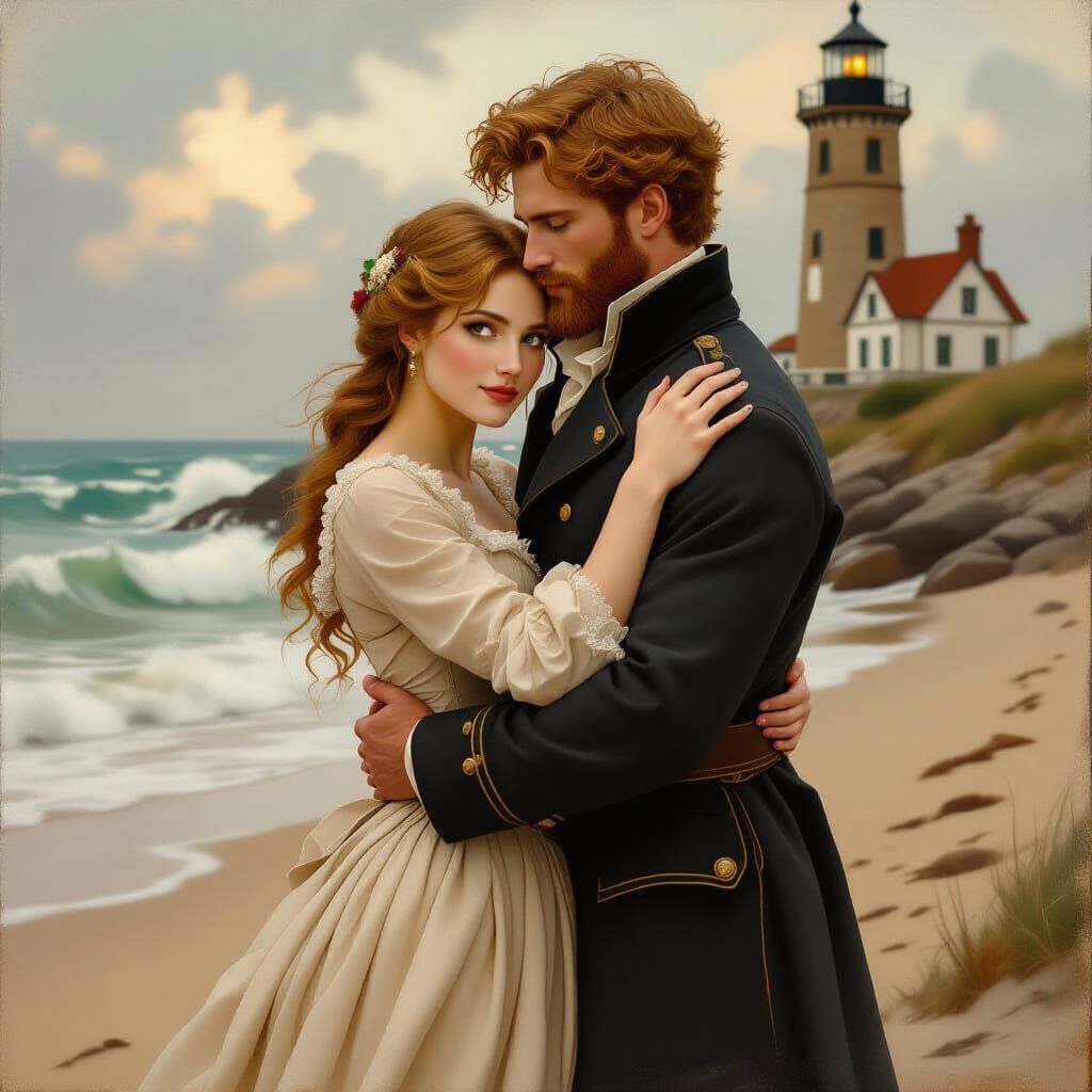 Romantic Embrace by Lighthouse in Pre-Raphaelite Style