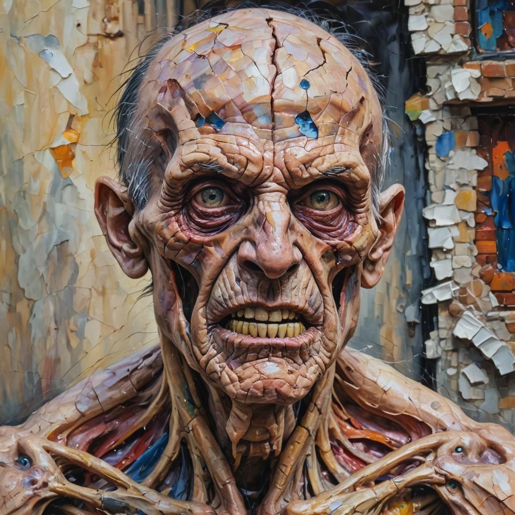 A Hyperrealistic horror picture of a grotesque older humanoi...