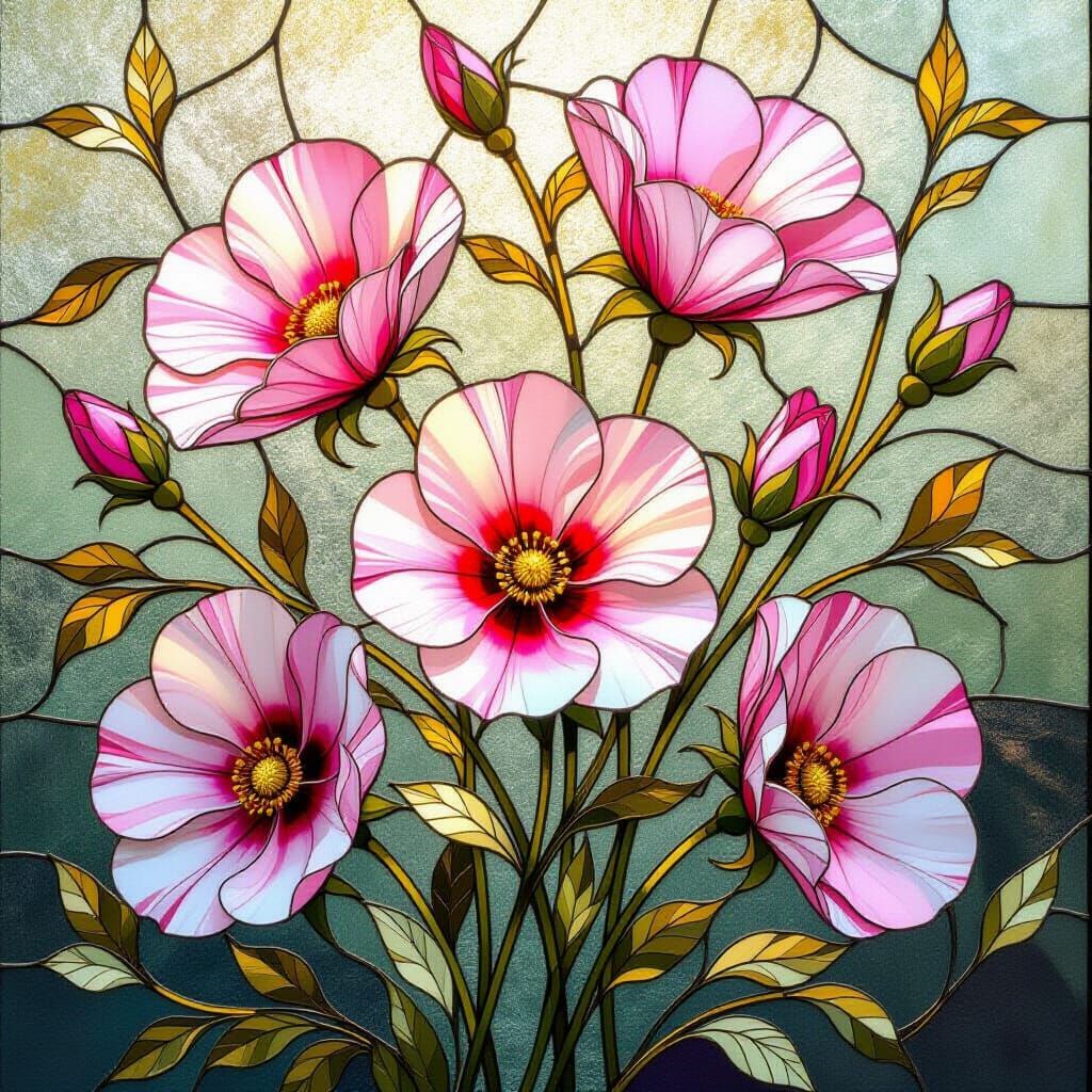 Stained Glass Wildflowers in Soft Pink and Gold