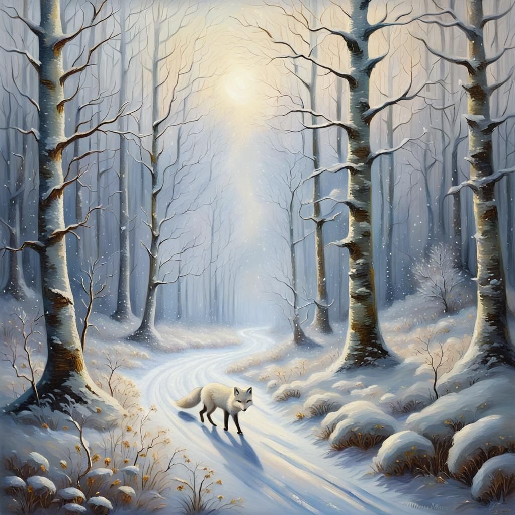Enchanted Winter Forest Path: Whimsical Oil Painting