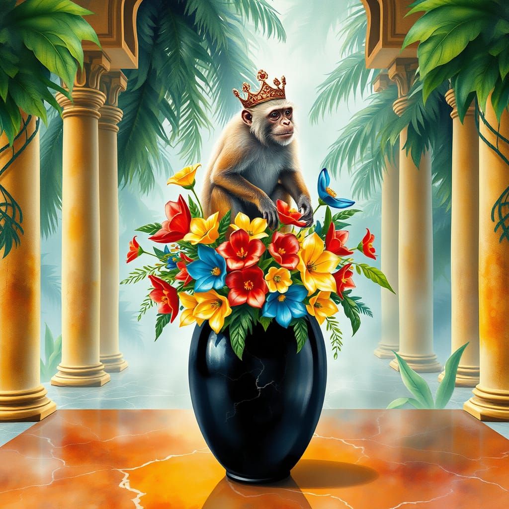 A mischievous monkey with fur like spun gold, wearing a tiny crown of woven vines, sits atop a giant black vase filled w...