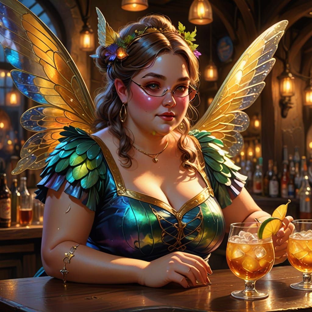 Vibrant Fat Fairy Barmaid in Whimsical Tavern