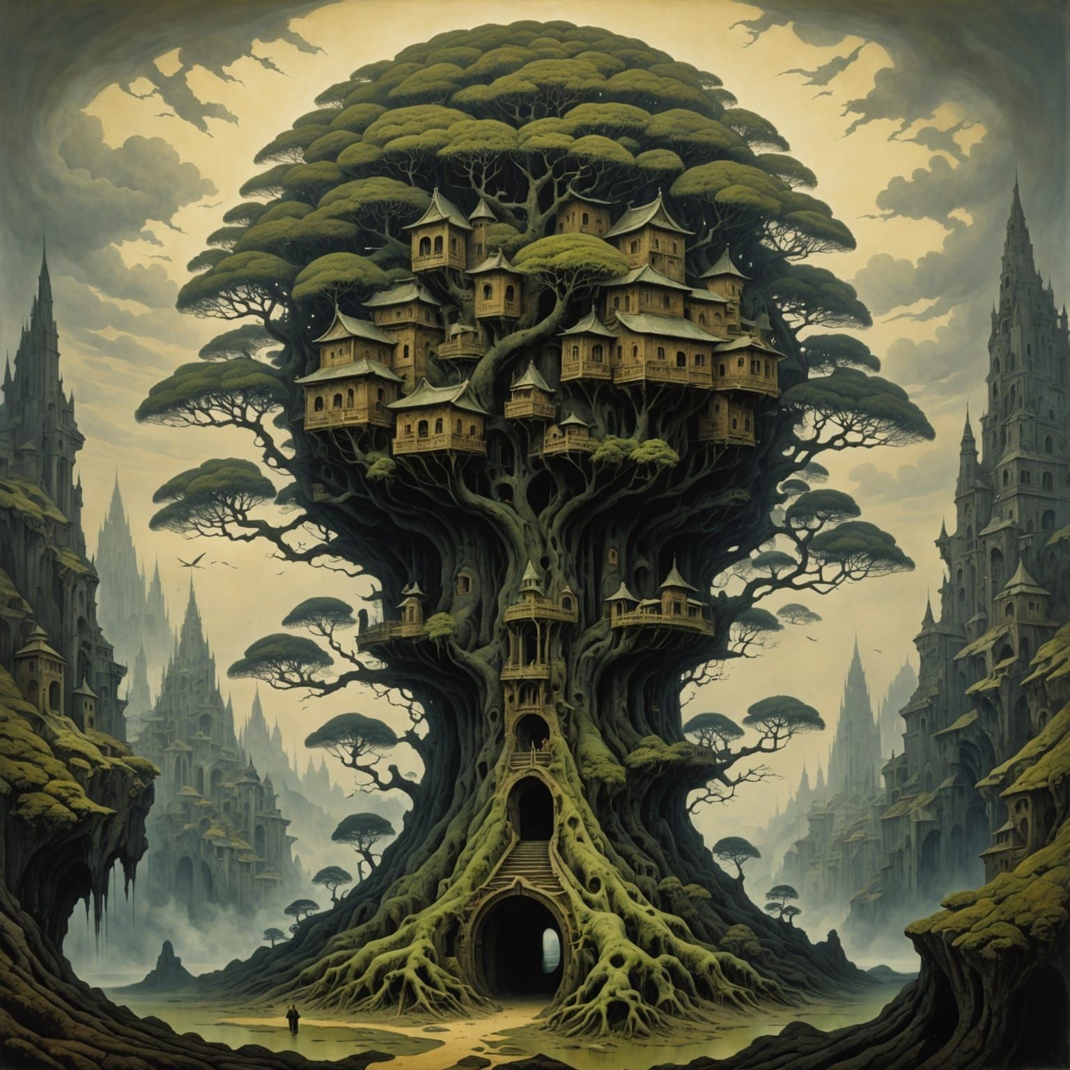 Surreal Japanese Tree Structure at Dramatic Sunset